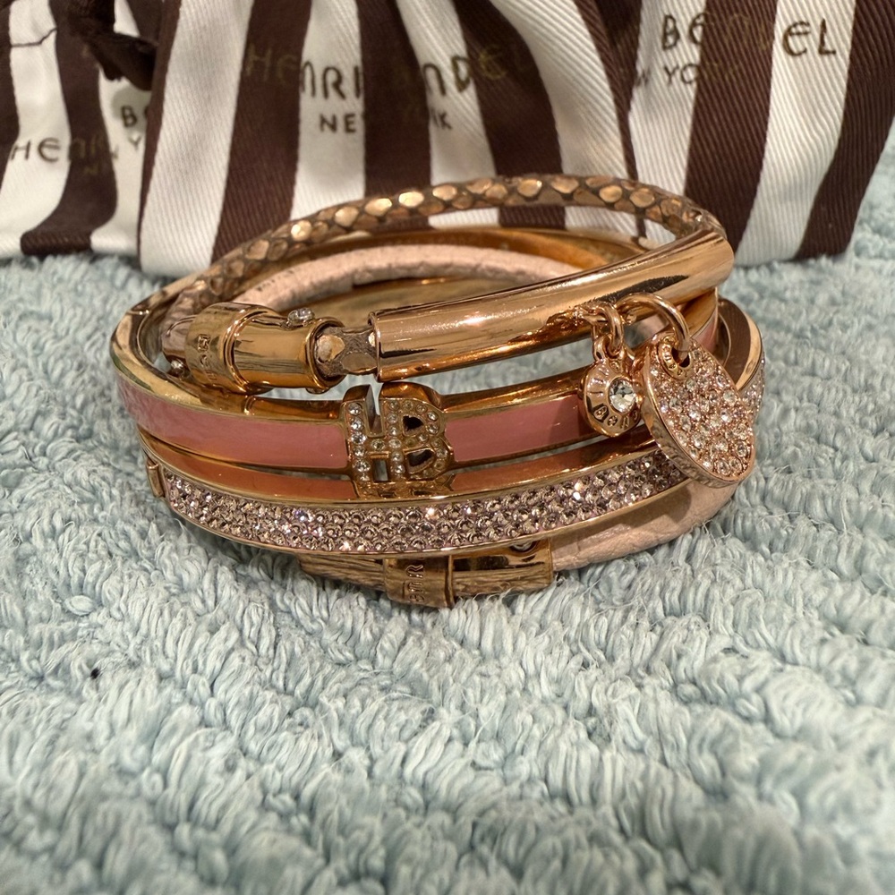 henri bendel Rose Gold and Pink Crystal Multi-Bangle Bracelet Set